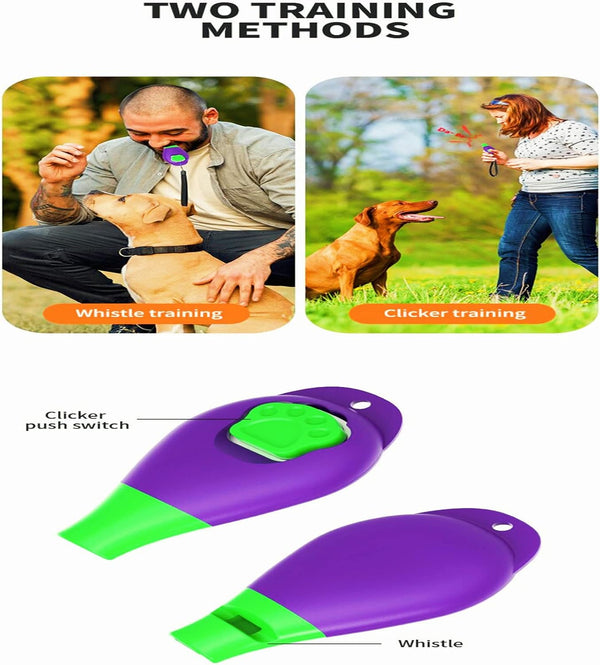Dog Training Clicker with Whistle and Wrist Strap - Positive Behavior Reinforcer for Pets - All Ages, Puppy and Adult Dogs - Use to Reward and Train - Dog Whistle Included (Purple)
