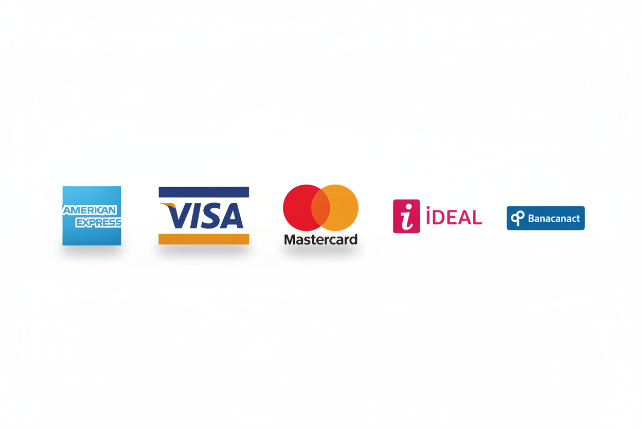 a image of these popular payment methods: AMEX, Visa, Mastercard, iDeal, Bankfort