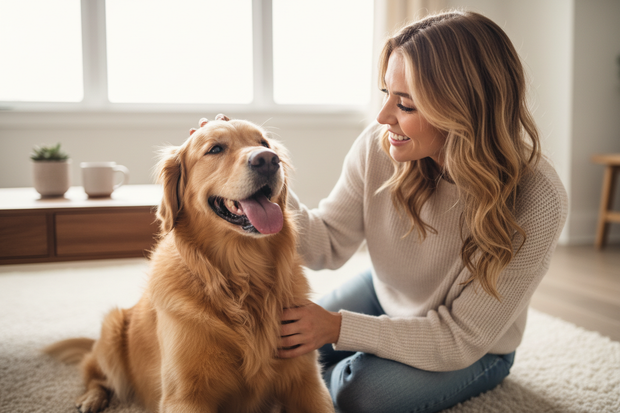 a large dog looking happy sat down with the owner who is petting the dog and smiling