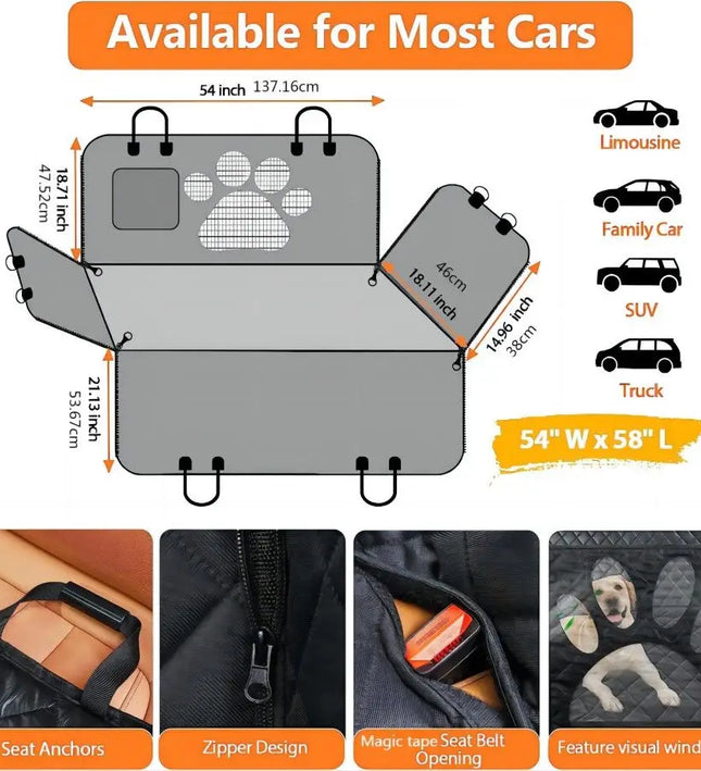Dog Car Seat Cover for Back Seat, 100% Waterproof Dog Car Hammock with Visual Mesh Window and Side Zipper Car Seat & Door Protec